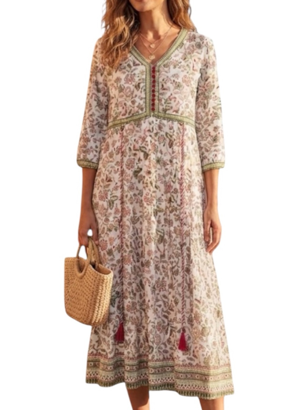 EASYBUY Paisley Traditional Kurta Ivory Midi Boho Dress Large V-Neck Floral